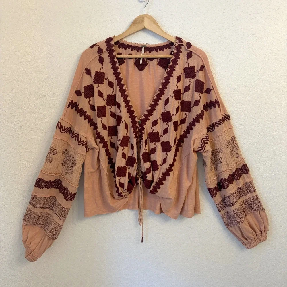 Free People Hometown Tie Front Sweater Top S Embroidered Boho Peasant Oversized